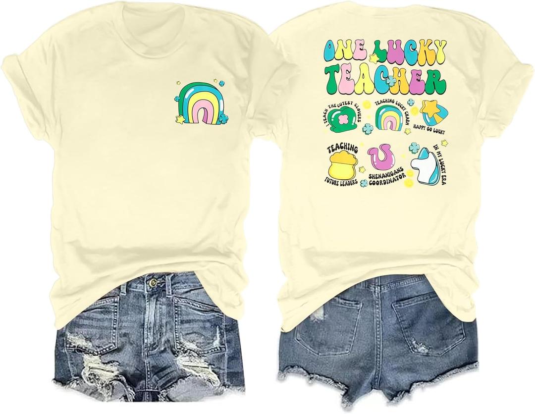 St Patricks Day Shirt Women One Lucky Teacher St. Patrick's Day Shirts for Women School Teach Shirt (Beige, XL)