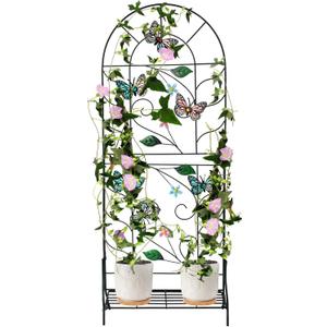 Trellis for Climbing Plants Outdoor-Metal Plant Shelf Indoor - Colorful Butterfly Climbing Plant with Flower Shelf for Indoor,Patio, Lawn, Yard, Backyard, Wall Brackets (Black)