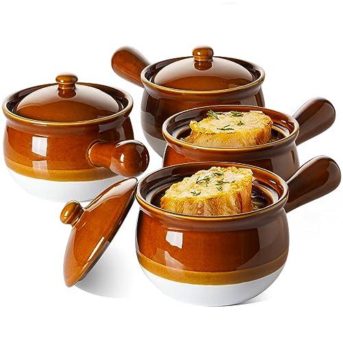 LE TAUCI French Onion Soup Bowls, 22 Ounce Ceramic Soup Bowls with Handles, Soup Crocks with Lids for Soup, Cereal, Chilli, Beef Stew, Oven Safe Stackable Serving Bowls Set, Set of 4