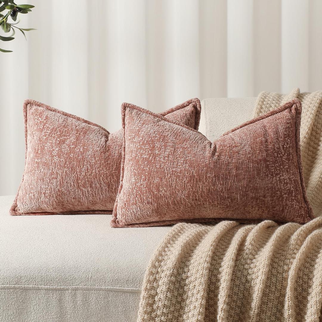 Pack of 2 Pink Decorative Throw Pillow Covers 12x20 Cozy Soft Chenille Boho Accent Vintage Farmhouse Rectangular Lumbar Couch Pillow Covers for Home Decor Bed Sofa Living Room