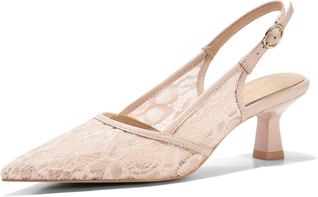 Coutgo Women's Slingback Kitten Low Heels Mesh Pumps Closed Pointed Toe Wedding Work Dress Shoes (8, Pink/Lace)