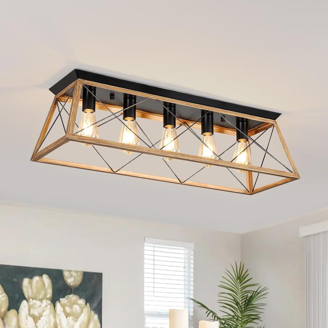31.5" Flush Mount Ceiling Light Fixture, 5-Light Vintage Industrial Cage Chandelier for Dining Room, Kitchen Island, Living Room, Dimmable Semi Flush Mount Close to Ceiling Lighting, Walnut Finish