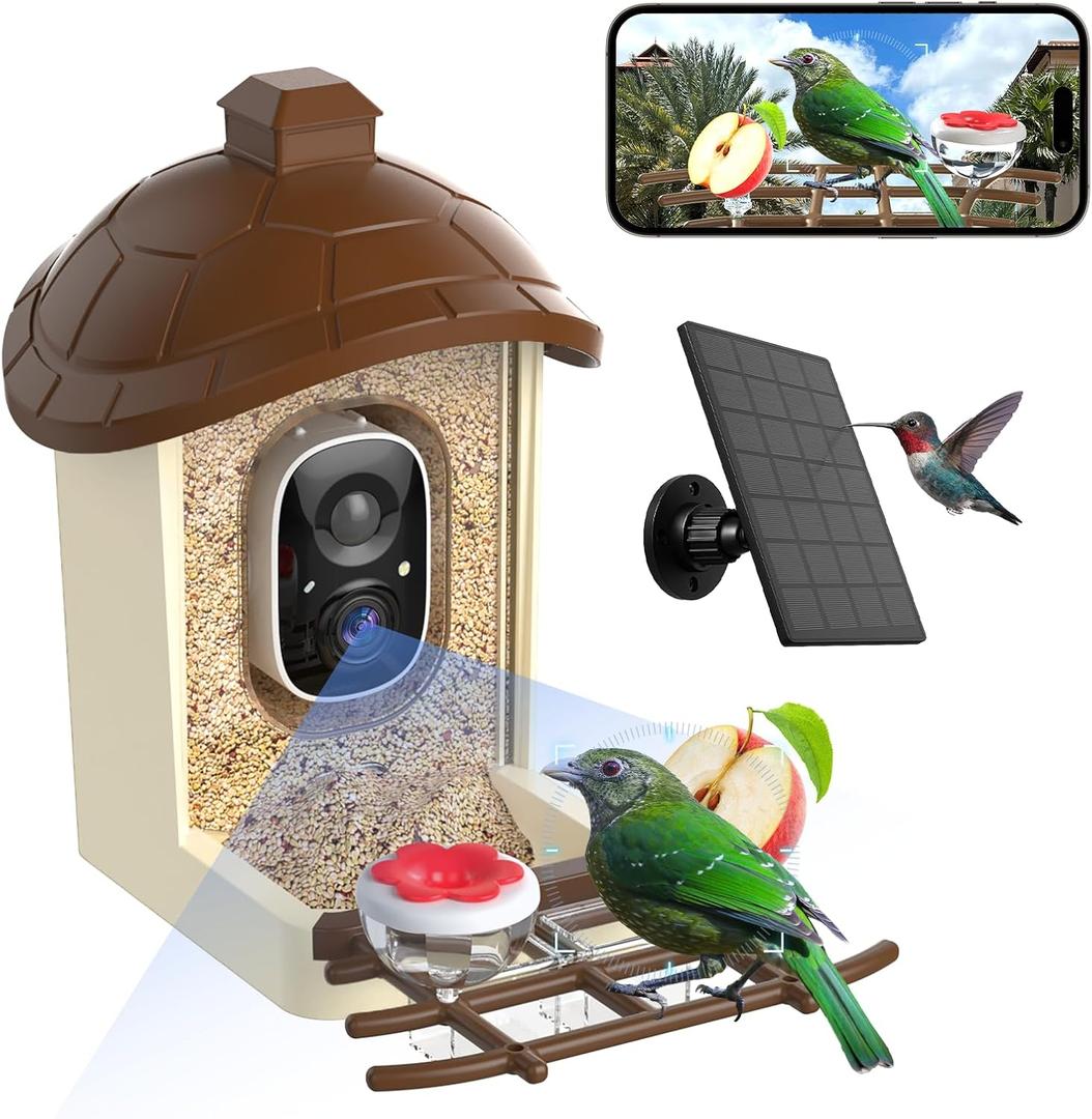 Bird Feeder with Camera, 2K HD Live Video, Smart Bird Cam Solar Powered with AI Birds Species Identification, Auto Capture Video, Instant Arrival Alerts, Best Gifts for Mom Dad (Brown)