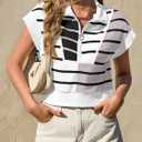 Fiesow Womens Summer Cap Sleeve Half Zip Striped Cropped T Shirts Casual Color Block Collared V Neck Loose Pullover Tops (Medium)