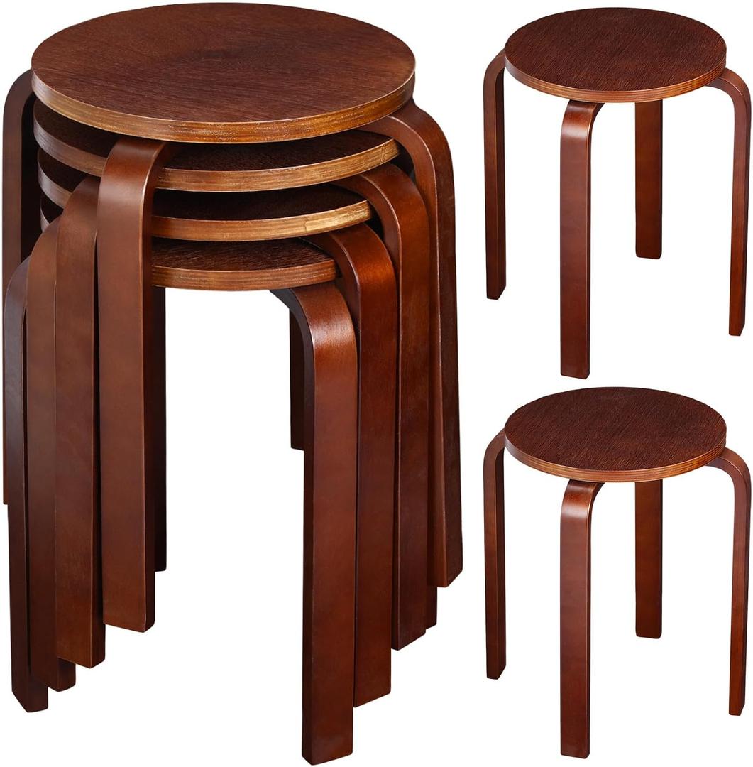 FairySandy Stackable Bentwood Stools, 18 Inch Height Black Wooden Backless Counter Chairs with Round Top, Portable Stool for Kitchen Dining Classroom Home Living Room Furniture(Dark Coffee,4 Pieces), 15.5" x 15.5" x 18"