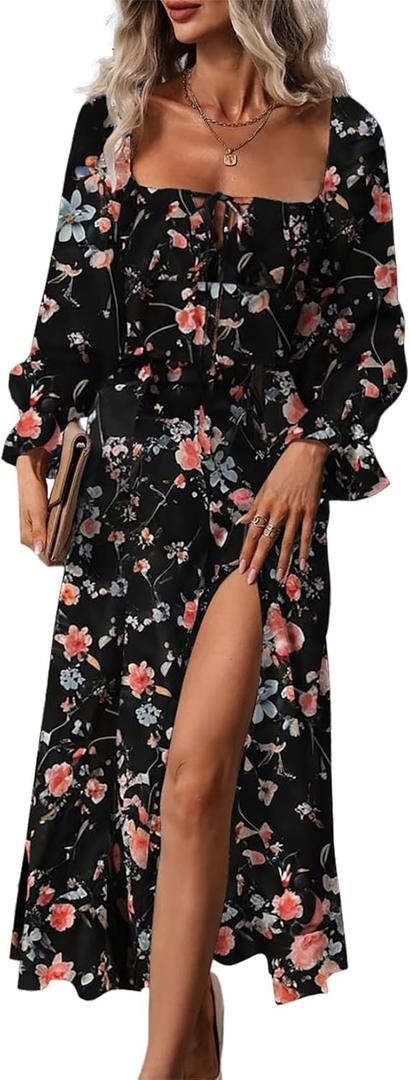 BLENCOT Womens Casual Square Neck Long Sleeve Boho Floral Midi Dress Print Side Split Dresses, Small