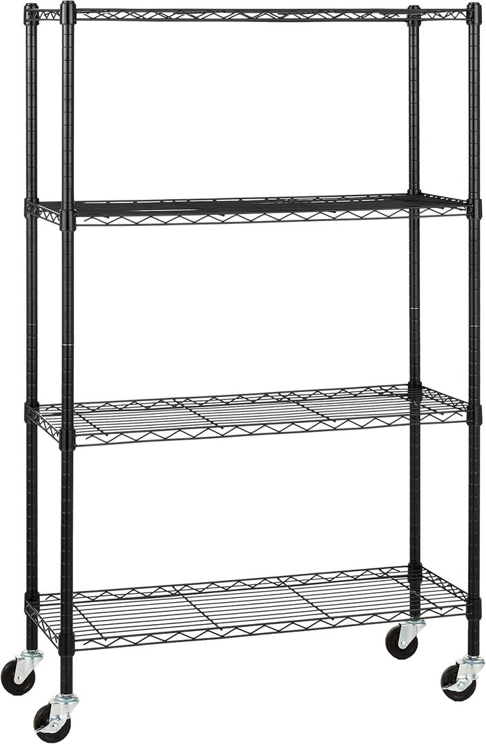 Amazon Basics 4-Shelf Adjustable, Heavy Duty Storage Shelving Unit on 3'' Wheel Casters, Metal Organizer Wire Rack, 36" L x 14" W x 57.75" H, Black