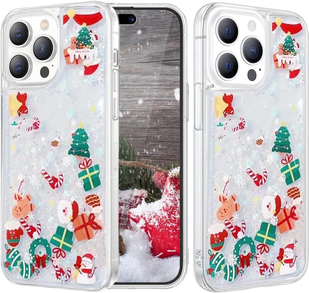 Glitter Christmas Case for iPhone 16 Pro Max,Cute Merry Christmas Liquid Flowing Moving Xmas Santa Tree Snowman Pattern Bling Sparkle Women Girls Phone Case for iPhone 16 Pro Max 6.9" (Clear)