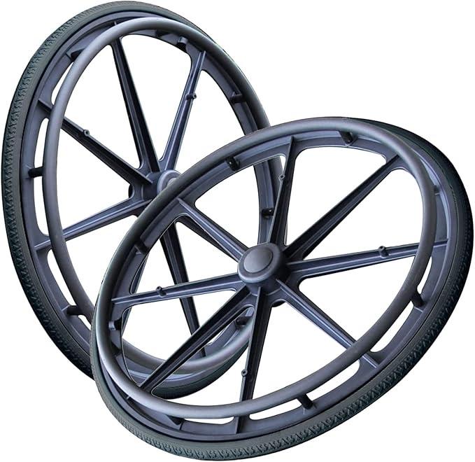 Wheelchair Wheels Assembly (Pair), 24 Inch Rear Wheel 24x1 3/8 Black Solid Tires, Wheel Replacement for Manual Wheelchairs, 12mm Bearings, Nylon Rim