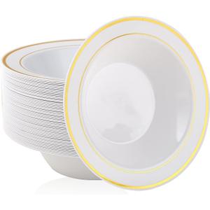 JOLLY PARTY 50PCS Plastic Bowls with Gold Rim-12oz disposable Soup Bowls, Christmas Thanksgiving Premium Dessert Salad Bowl for Wedding/Party