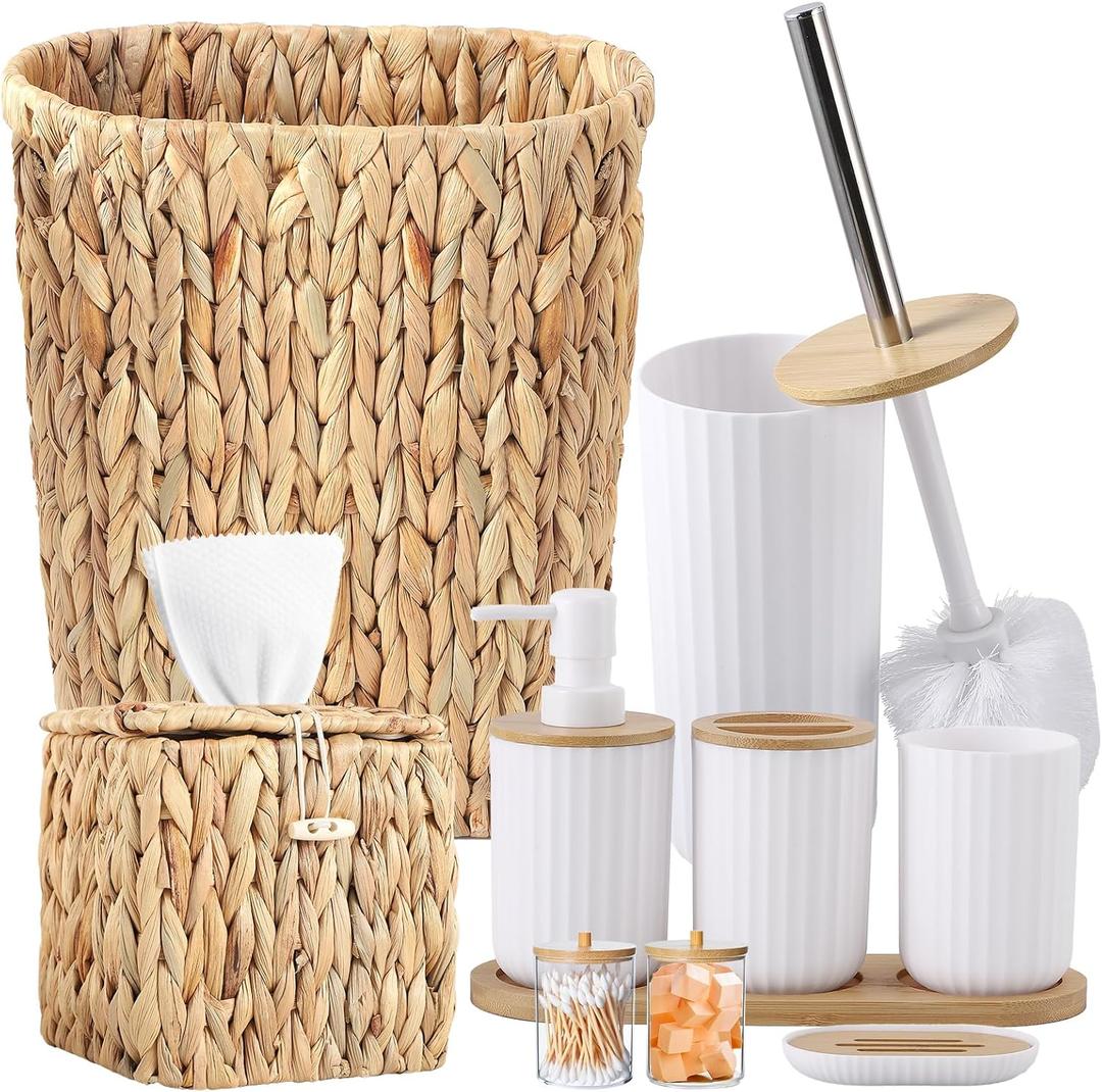 Wicker Trash Can & Square Tissue Box Cover, Bathroom Accessory Set,10 Pieces Wicker Home Set for Bedroom, Bathroom, Kitchen, Office, Balcony (White)