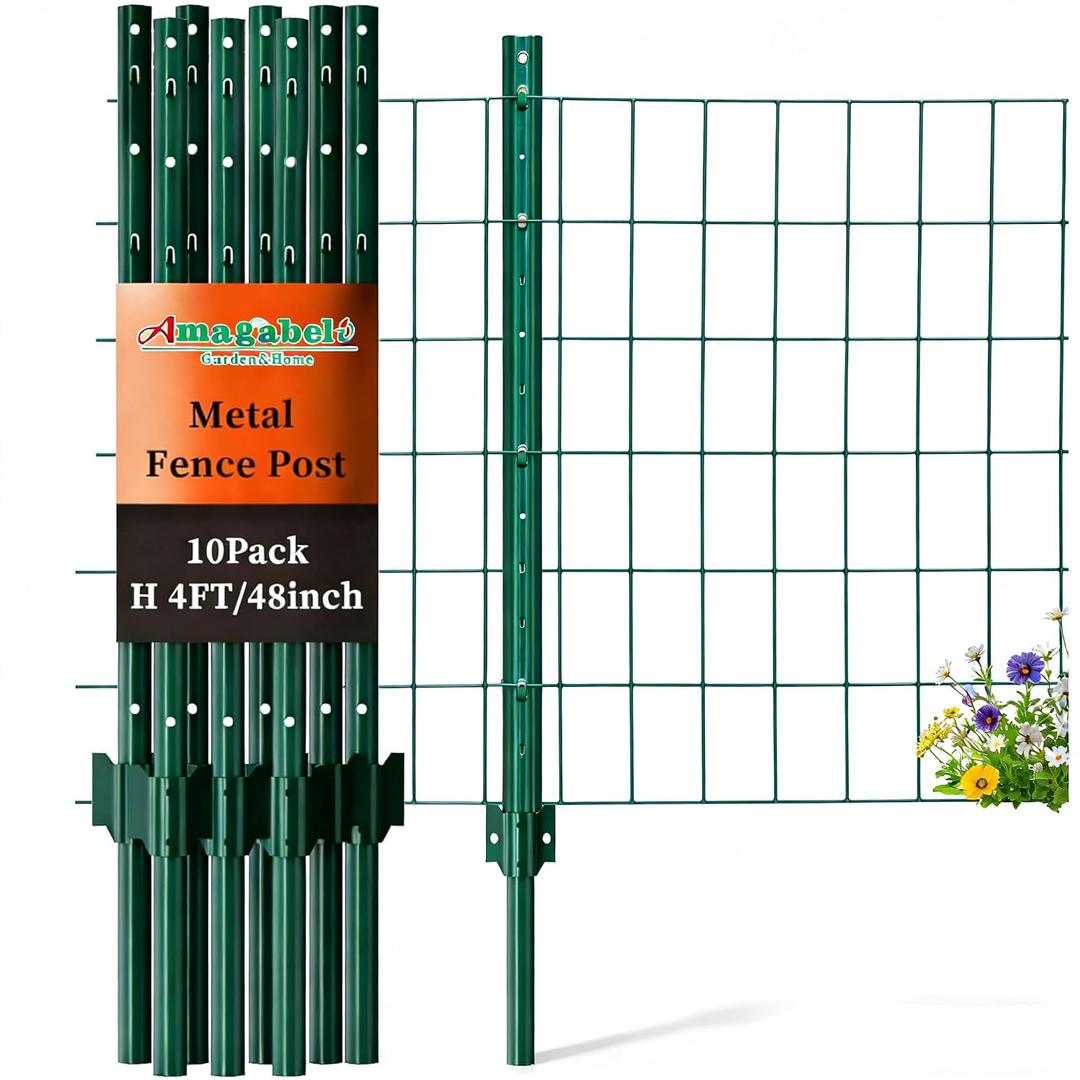 Amagabeli Heavy Duty Metal Fence Posts 4 Feet 10 Pack No Dig Garden U Post Stakes for Wire Fence Temporary Fencing Electric Fence Wire Safety Fence Mesh Fence Garden Fencing T Post for Yard Green
