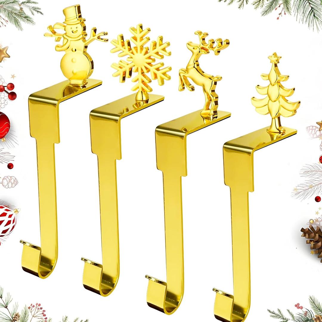4 Pack Christmas Stockings Holder, Gold Fireplace Stocking Hanger Stocking Hooks for Mantle Stocking Hook Desk Hanger Grip for Party Elk Snowman Snowflake Tree