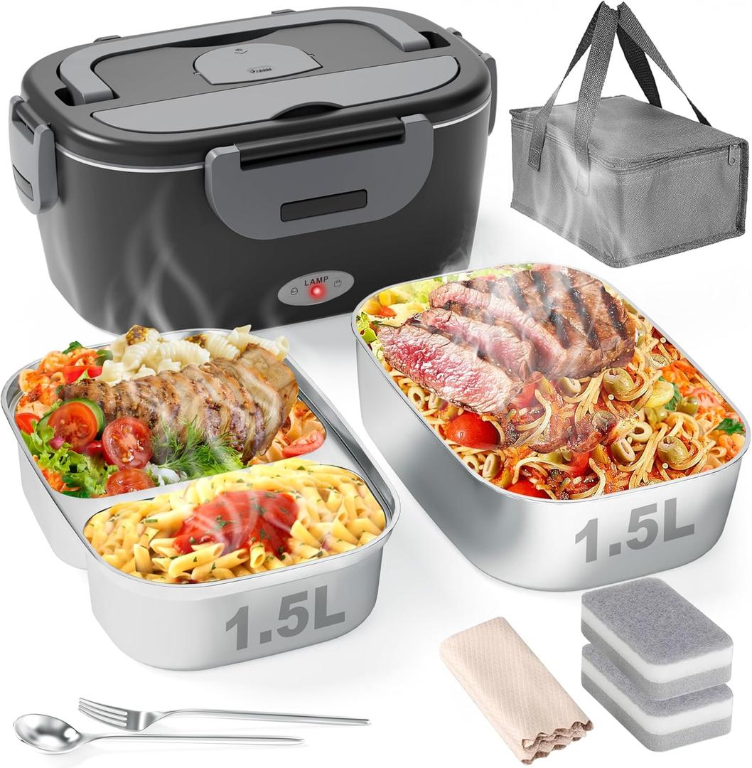 Electric Lunch Box for Men, Women & Adults - 80W Fast Heating - Heated Lunch Box with Dual 1.5L SS Containers - Portable Food Warmer for Car, Truck, Office (Black)