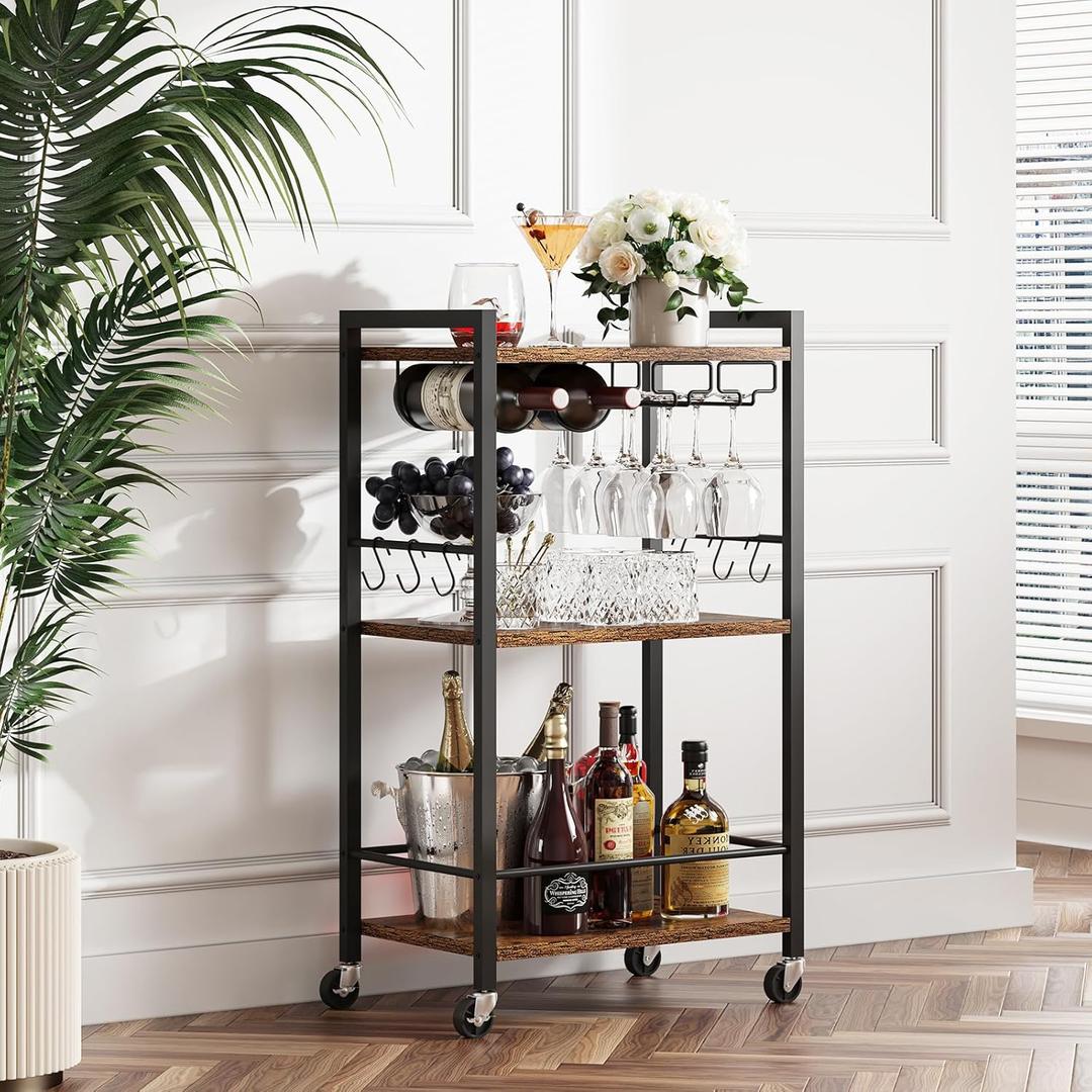 TUTOTAK Bar Cart, Home Bar Serving Cart with 3-Tier Shelf, Drink Cart with Wine Rack, Glass Holder, Rolling bar carts for the Home, Living Room, Brown BC01BB035