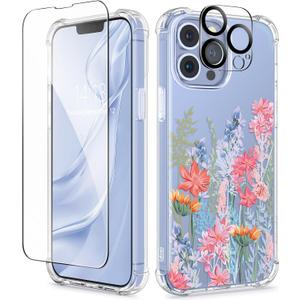 GVIEWIN for iPhone 13 Pro Max Case Floral, with Screen Protector&Camera Lens Protector,[Non Yellowing] Soft Shockproof Clear Phone Protective Cover for Women, Flower Pattern Design 6.7"(Botanica)