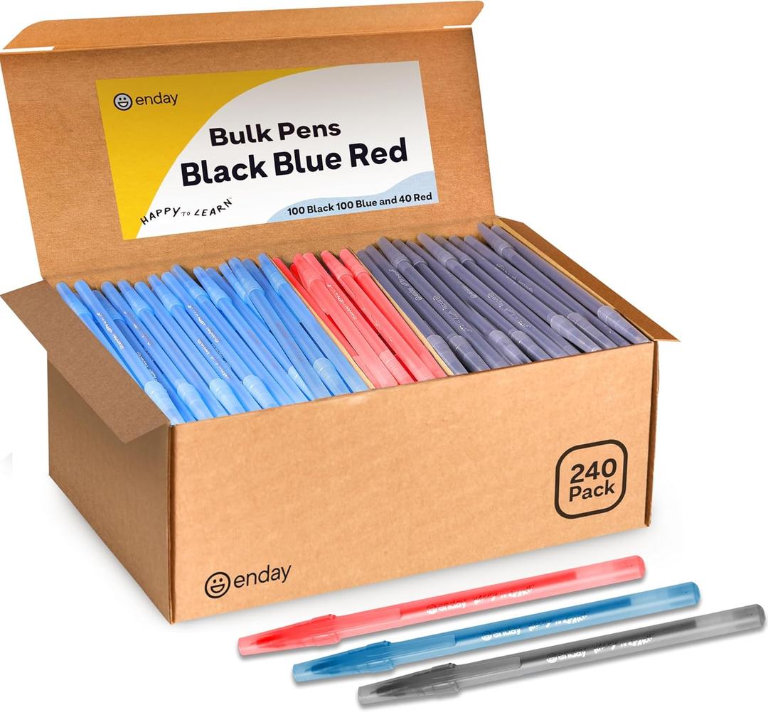 Enday Pens Ballpoint, Long Lasting Ink Pens Bulk 240 Pack (100 Black, 100 Blue & 40 Red), Smooth and Consistent Writing Pens, Medium Point (1.0mm) Flexible Round Barrel for Writing Comfort