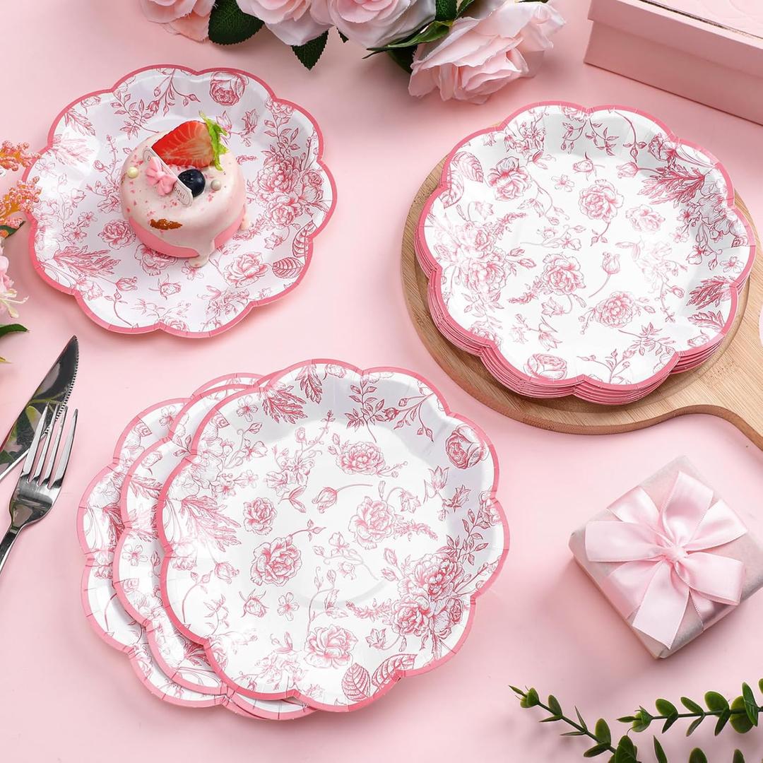 100 Pcs Pink Floral Paper Plates Disposable Dessert Baby bridal Shower Party Supplies Floral Dessert Plates Bulk Birthday Tea Party Serving Tray for Wedding Birthday