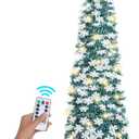 SINTENILL 6 FT Pop Up Christmas Tree with 100 LED Timer Lights & Remote, Green Collapsible Christmas Tinsel Tree Artificial Pencil Tree Xmas Decoration for Holiday Home Office Party, USB Powered (Peacock Green - Snowflakes)