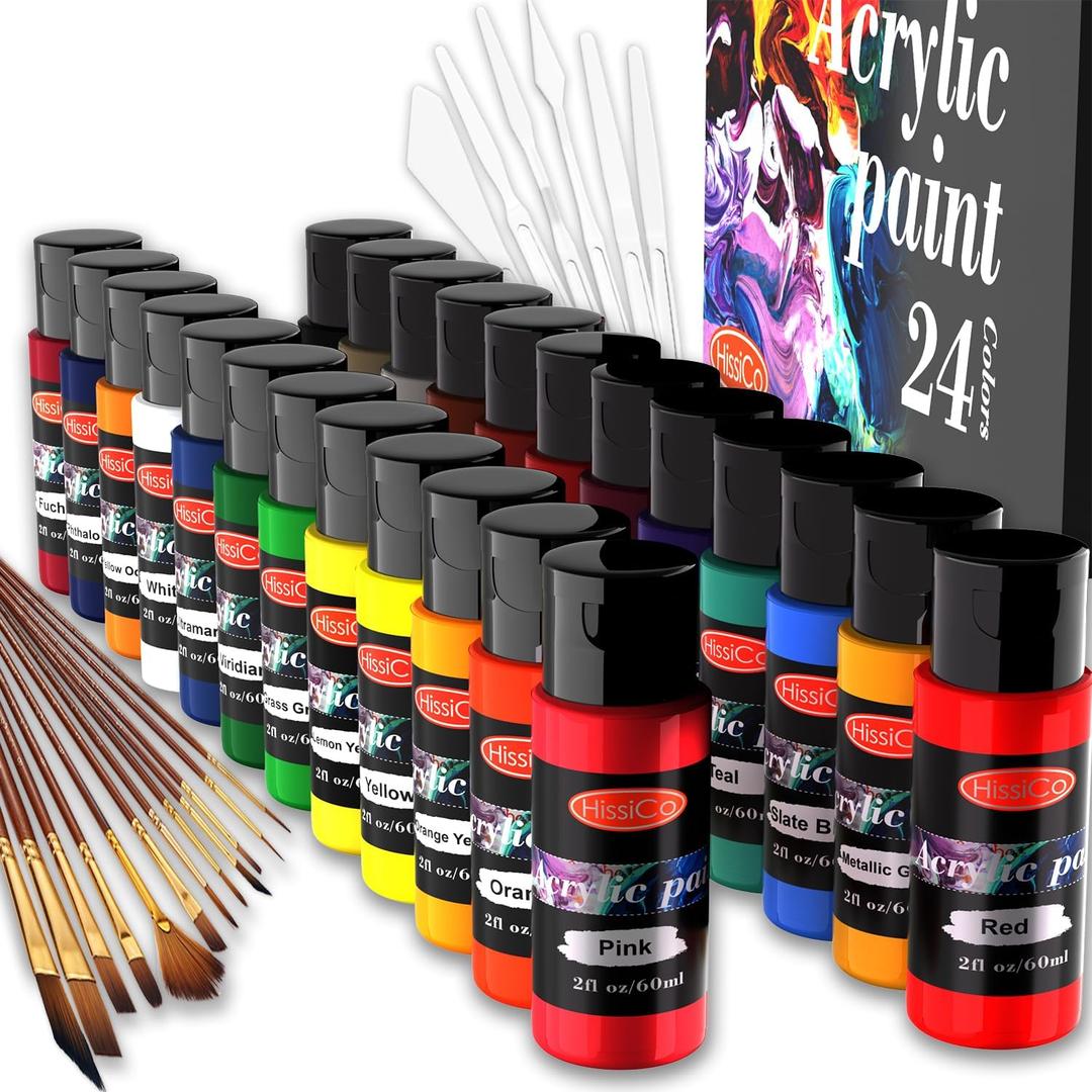 HissiCo 42PCS Acrylic Paint Set of 24 Colors 2fl oz 60ml Bottles with 12 Brushes and 6 Paint Knives,Non Toxic 24 Colors Acrylic Paint No Fading Rich Pigment for Kids Adults Artists Canvas Crafts Wood