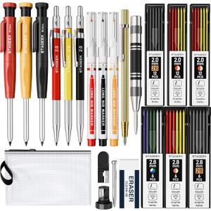 22 Pack Mechanical Carpenter Pencil Set with Sharpener 60 Refills, Automatic Center Punch, Carbide Scribe Tool, Eraser and Deep Hole Marker Pen, Heavy Duty Construction Pencil for Architect-With Pouch