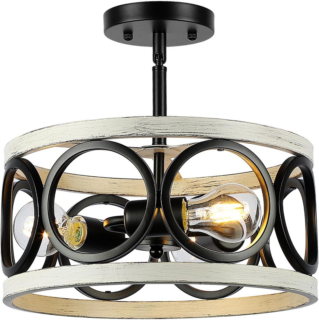 Farmhouse Semi Flush Mount Ceiling Light,3-Light Industry Oak White Sloped Ceiling Light Fixtures D13 Inches Rustic Metal Light Fixture for Entryway Foyer Hallway Kitchen Dining Room