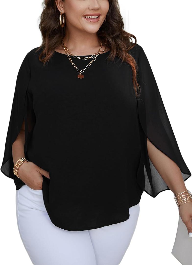 SCOMCHIC Plus Size Blouses for Women Summer Chiffon 3/4 Sleeve Tunic Tops Dressy Scoop Neck Casual Loose Flowy Shirts (Black)