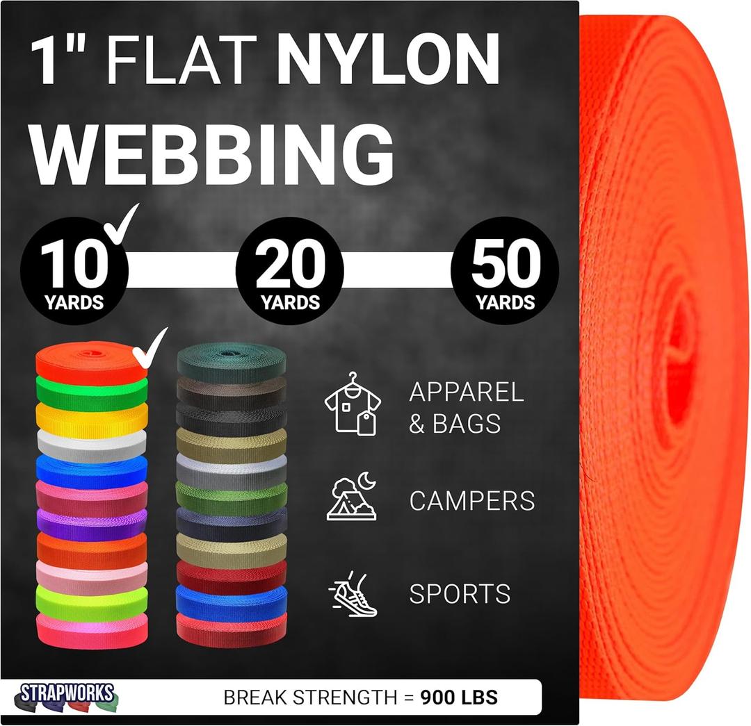 Strapworks 1 Inch Heavy Duty Nylon Webbing Strap Roll for Belt, Backpack, Sling, Collar, Leash, Strapping and More, 10, 20, or 50 Yards, Over 20 Colors