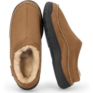 Mens Slip-On Moccasin Slippers, Warm Winter Microsuede House Shoes with Memory Foam, Indoor and Outdoor Loafer Style (11-12, Tan)