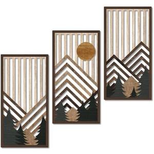 Putuo Decor Boho Mountain Wall Art Set of 3, Rustic Wooden Wall Decor, Nature-Inspired Geometric Artwork, Mid-Century Modern Aesthetic for Living Room, Bedroom, Office Brown 16.5 x 8.6 inch