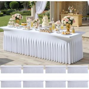 8Pack White Spandex Tablecloths for 8 Foot Rectangle Tables, Wrinkle Free Stretchy Fitted 8FT Table Cloths Cover Desk Skirt for Parties Weddings Birthday Banquet Baby Shower Events