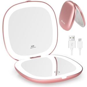 WOBSION Rechargeable Lighted Travel Makeup Mirror,1x/10x Compact Magnifying Mirror with Lights,Portable for Bag,4inch,Gift,Rose Gold