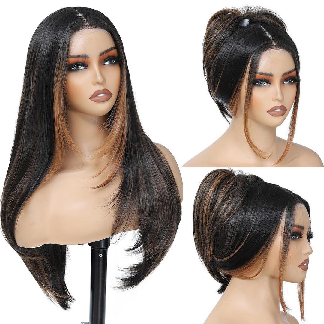 Synthetic Lace Front Wig For Black Women 13X4X1 HD Long Black Lace Front Wigs Glueless Wigs For Black Women Straight Layered Skunk Stripe Honey Blonde With Black Wig 26 inch Sensationnel Wigs