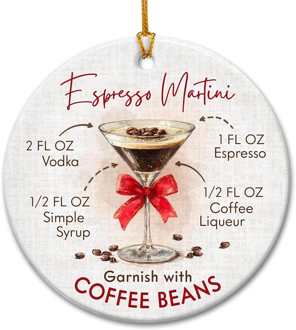 3 x Espresso Martini Christmas Ornament 2025 - Cocktail Gifts for Women Men - Ceramic Cocktail Ornaments for Tree Decor - Drinking Gifts for Espresso Lovers, Coffee Lover Martini Gift Ideas