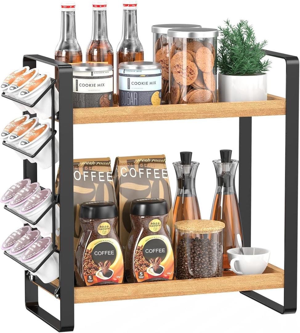 LEMIKKLE Coffee Station Organizer for Counter, Condiment Storage Caddy for Kitchen,2 Tier Wooden Shelf for Coffee Bar Accessories, Coffee Bar Organizer for Kitchen, Home, Office-Brown (Blown)