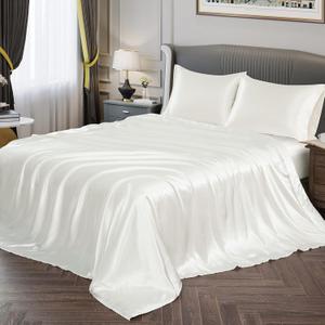 Vonty Satin Sheets Twin Silky Soft Satin Bed Sheets Ivory White Sheet Set, 1 Deep Pocket Fitted Sheet + 1 Flat Sheet + 1 Pillowcases