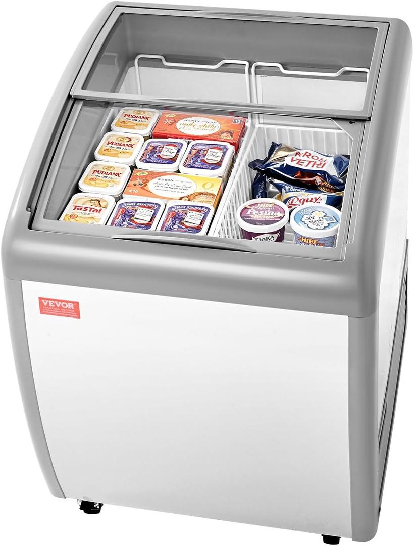 VEVOR Commercial Ice Cream Display Case, 5.4 Cu.ft Chest Freezer, -19 to 3℉ Temp Adjustable Mobile Top Deep Freezer with 2 Wire Baskets, 2 Sliding Glass Doors, Locking Casters & LED Strip Lighting
