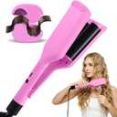 NONK Power Curling Iron Hair Crimper Waver, Ceramic Double Barrel Curling Wand, 1.25 Inch, Dual Voltage, Anti-Scald, Easy to Use, Hot Tools for Women, Pink, Gifts for Women