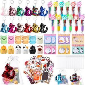 Nosiny 108 Pcs Cat Themed Party Favors Birthday Decorations Include Cat 4 in 1 Ballpoint Pens Keychain Sticky Note Resin Figurines Stickers Organza Bags for Goodies Bags Stuff Rewards