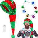 Estune Light up Christmas Hat Necklace Set LED Plush Santa Hat Xmas Lighted Bells Necklace Adult Costume Accessories