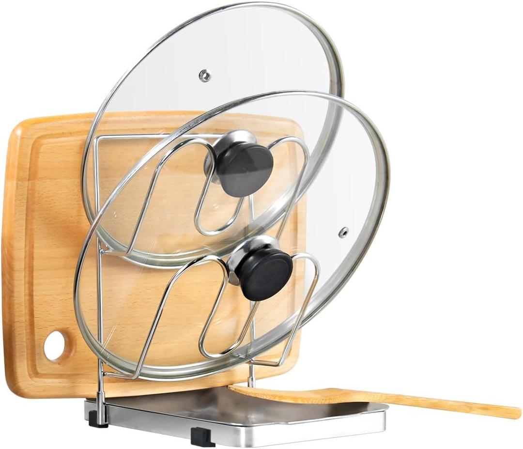 YQh pot lid holder,Two-compartment Stainless Steelcooking rack,pot lid holder while cooking,spoon rest with lid holder,spatula holder for counter,stove top shelf spoon and lid rest,pot lid organizer