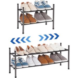 STORAGE MANIAC Expandable Shoe Rack, 8 Pairs Stackable Small Shoe Rack, Metal Adjustable Shoes Organizer for Closet, Entryway, Hallway, Garage, Front Door, Shoes Shelves, Black 2 Tier