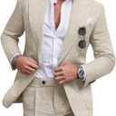 Linen Men Suit Set Casual Tuxedo 2 Piece Regular Fit Blazer One Button Solid Jacket and Pants for Prom Wedding Party (Beige, XXL)