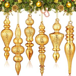 Soaoo 6 Pcs 6.3 Inch Champagne Gold Mercury Glass Finial Christmas Ornaments Hanging Christmas Finials Glass Ornaments Assorted Mercury Decor for Xmas Tree Vintage Holiday Decoration(Classic)