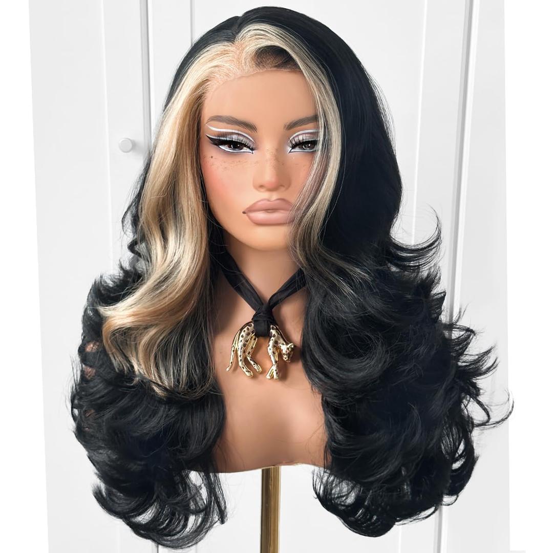 Voluminous Feather Layered Hair Flip Out Preplucked Precision-Pre-cut Ready-to-Go Glueless 13x6 HD Synthetic Lace Front Wig Blonde Skunk Stripe Wig