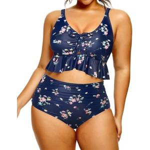 Daci Women Plus Size Two Piece Swimsuits - High Waisted Bikini Set Ruffle Tummy Control Bathing Suits with Bottom 20W