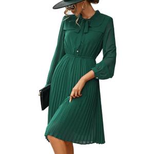 HAOKEKE Women Summer Dress Short Sleeves Chiffon Dress Retro Pleated Shirt Dress Wear Ideal for Party Work Casual Church Time Meeting Cocktail etc Solid Green Dress, S