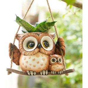 Swing Owl Hanging Planters for Indoor Plants, Cute Small Succulent Pots with Drainage Hole, Unique Resin Plant Hangers Outdoor, Hanging Plant Holder for String Of Pearls, Gift Ideas for Mother (Brown-2)