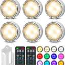 Puck Lights with Remote Control, Battery Operated Wireless Under Cabinet Lighting, Stick on Tap Push Lights for Kitchen, Shelf, 6 Pack - White