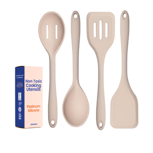 Non-Toxic Platinum Silicone Kitchen Utensil Set of 4 – Non-Scratch Cooking Spoon & Spatula, 100% Plastic Free, Stainless Steel Core, Heat Resistant 500°F, Beige
